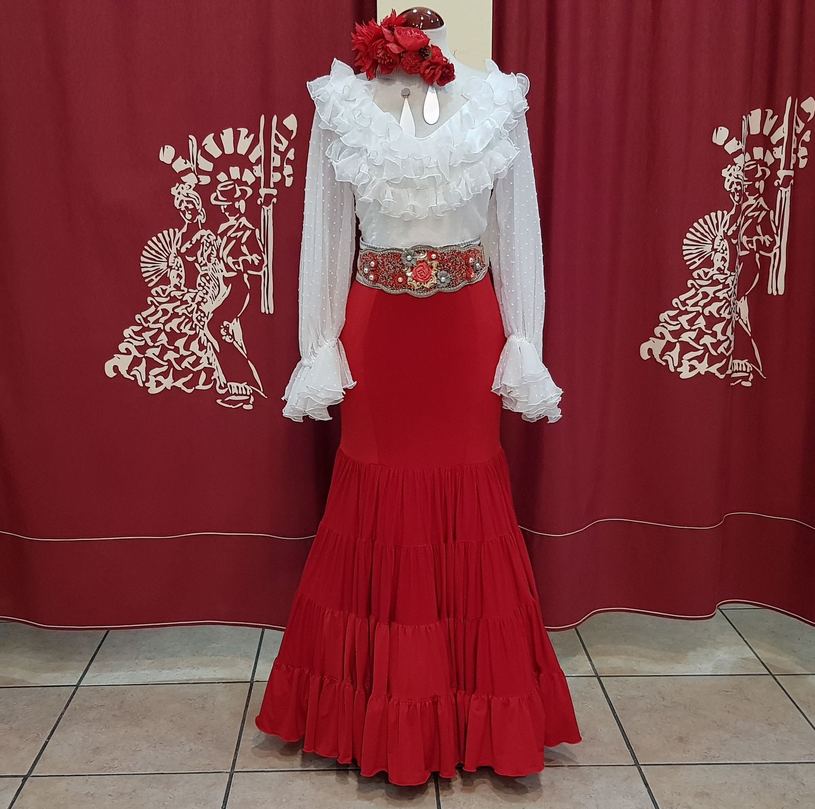 FALDA FLAMENCA SEÑORA - Modelo Candil Roja - PEDROCHE GITANA Y FLAMENCO