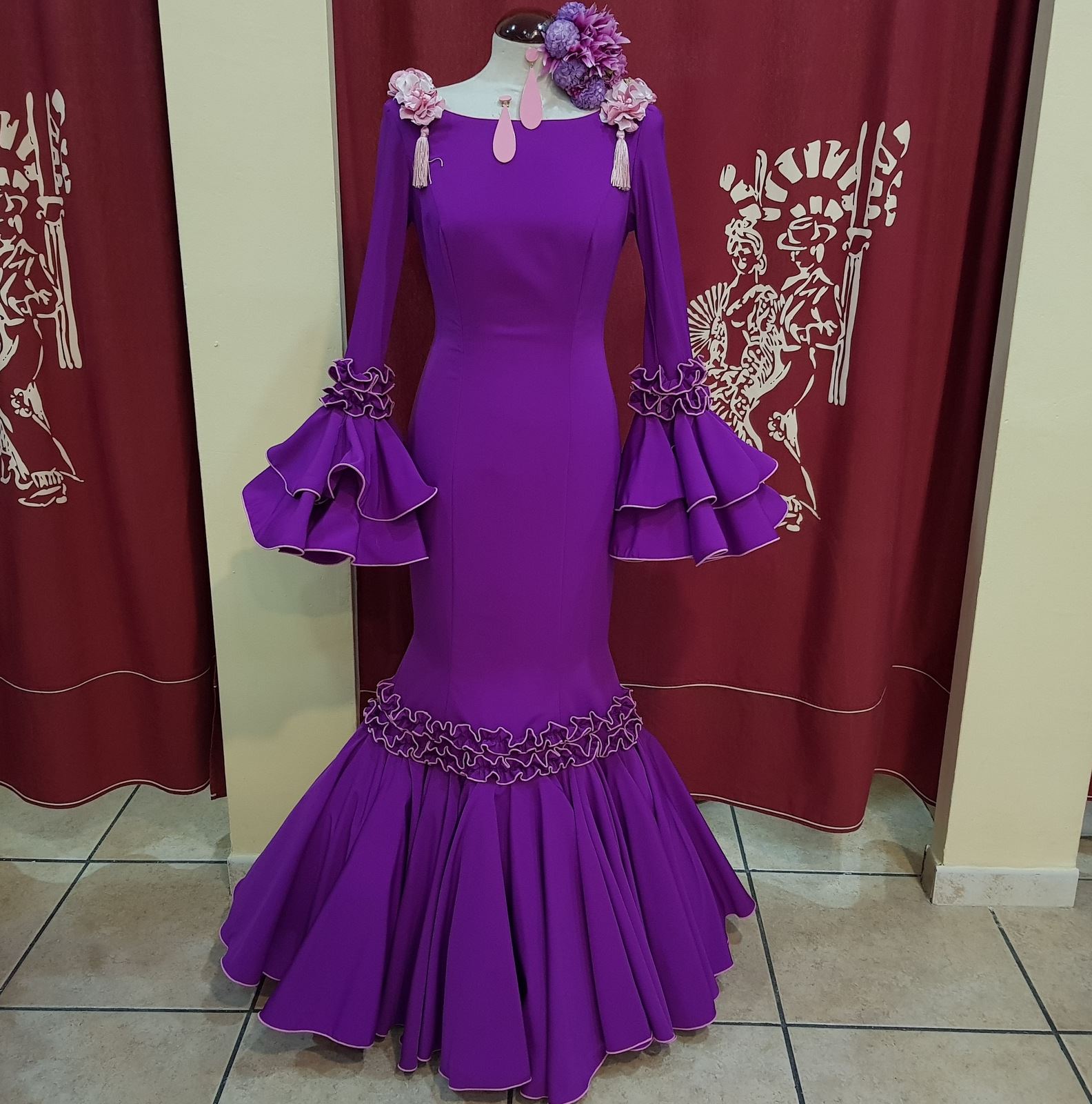 VESTIDO FLAMENCA SEÑORA - Modelo Marbella Plumeti Azulon - PEDROCHE GITANA  Y FLAMENCO