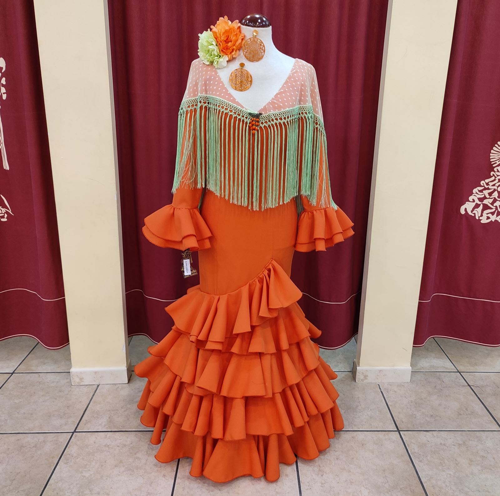 Vestido Flamenca - Modelo EVA Naranja - PEDROCHE GITANA Y FLAMENCO