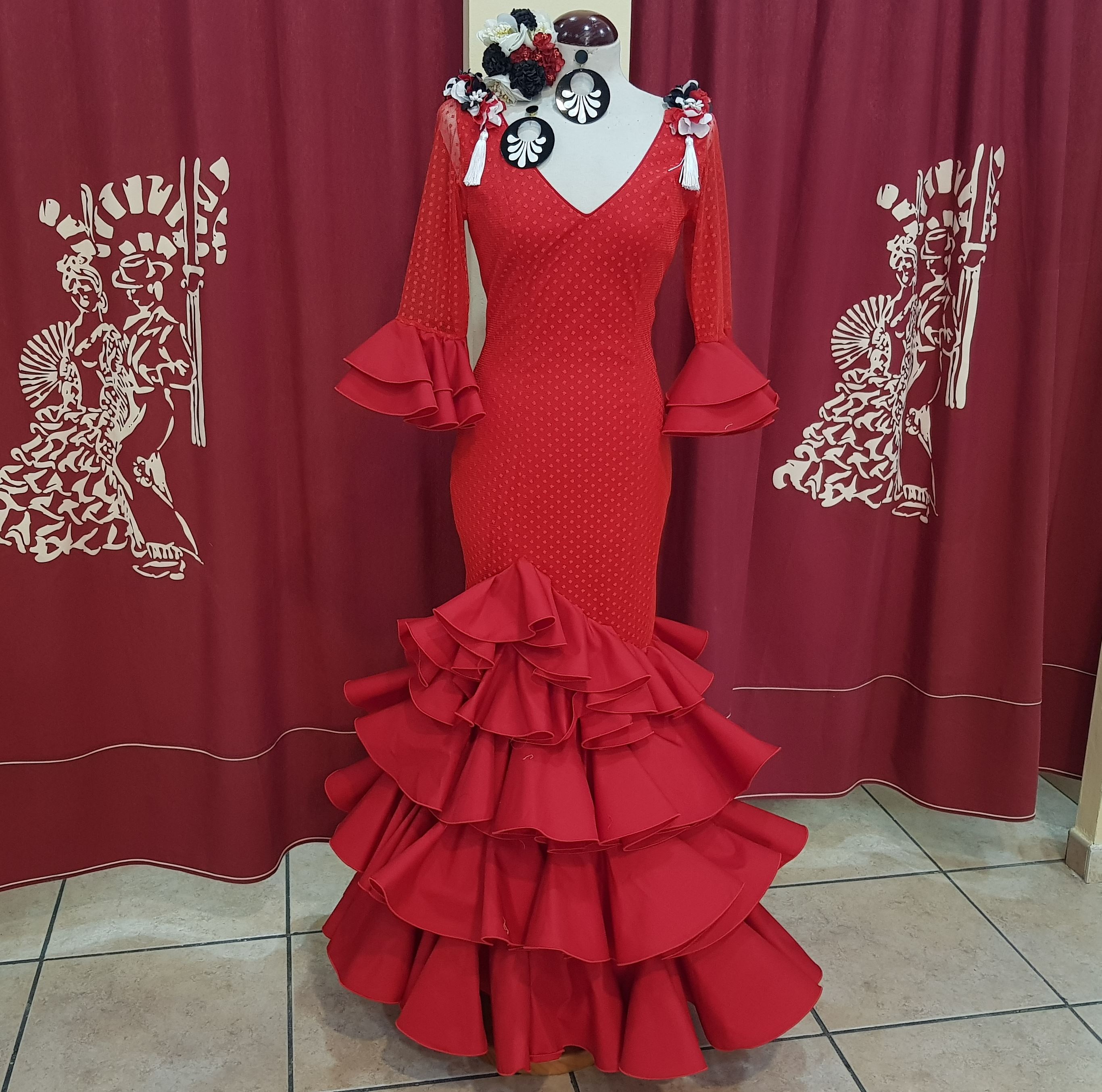 VESTIDO FLAMENCA SEÑORA - Modelo Marbella Plumeti Rojo - PEDROCHE GITANA Y  FLAMENCO