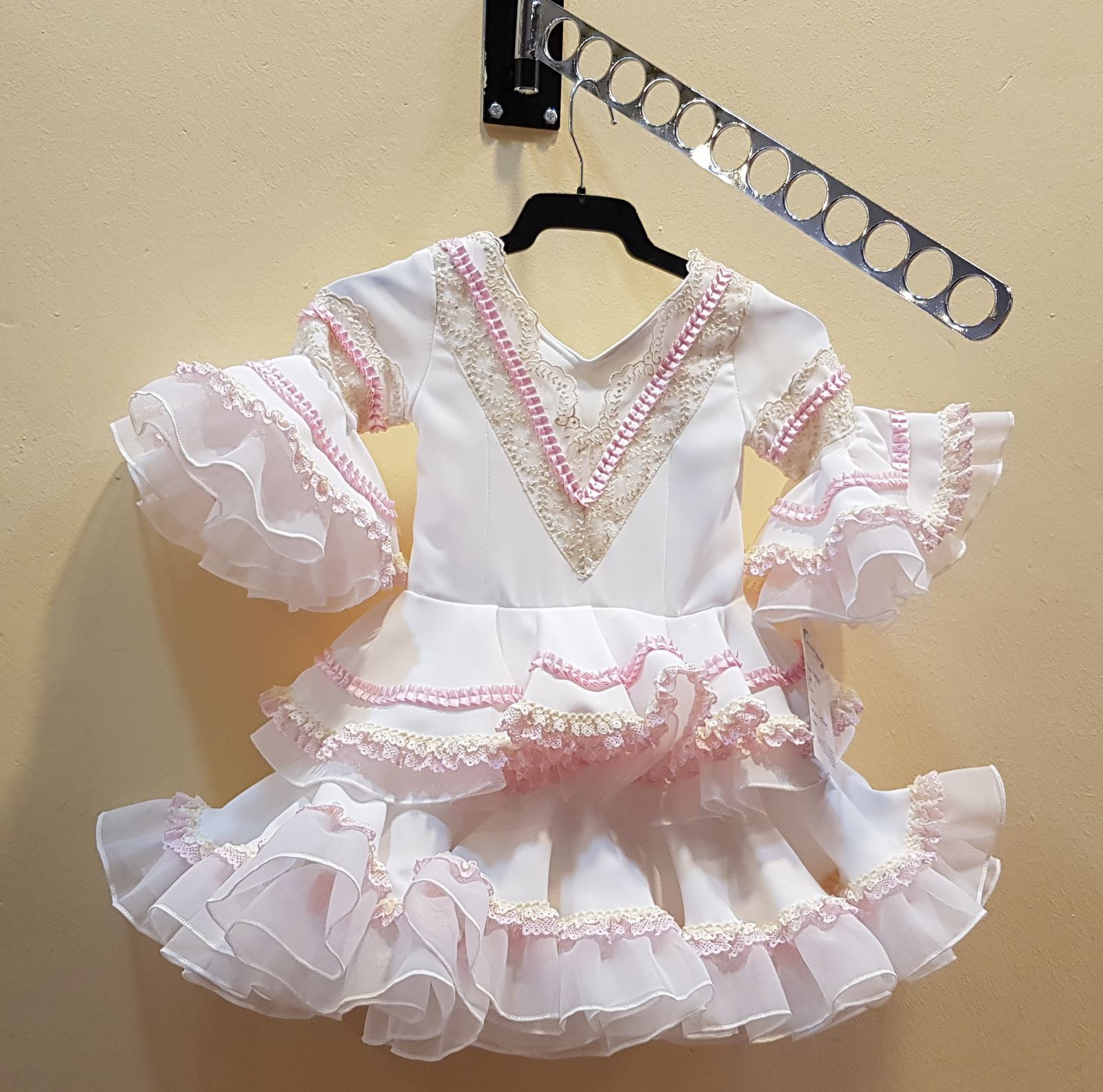 VESTIDO FLAMENCA NIÑA - Modelo Zara Blanco Roto-Rosa Bebe GITANA Y FLAMENCO