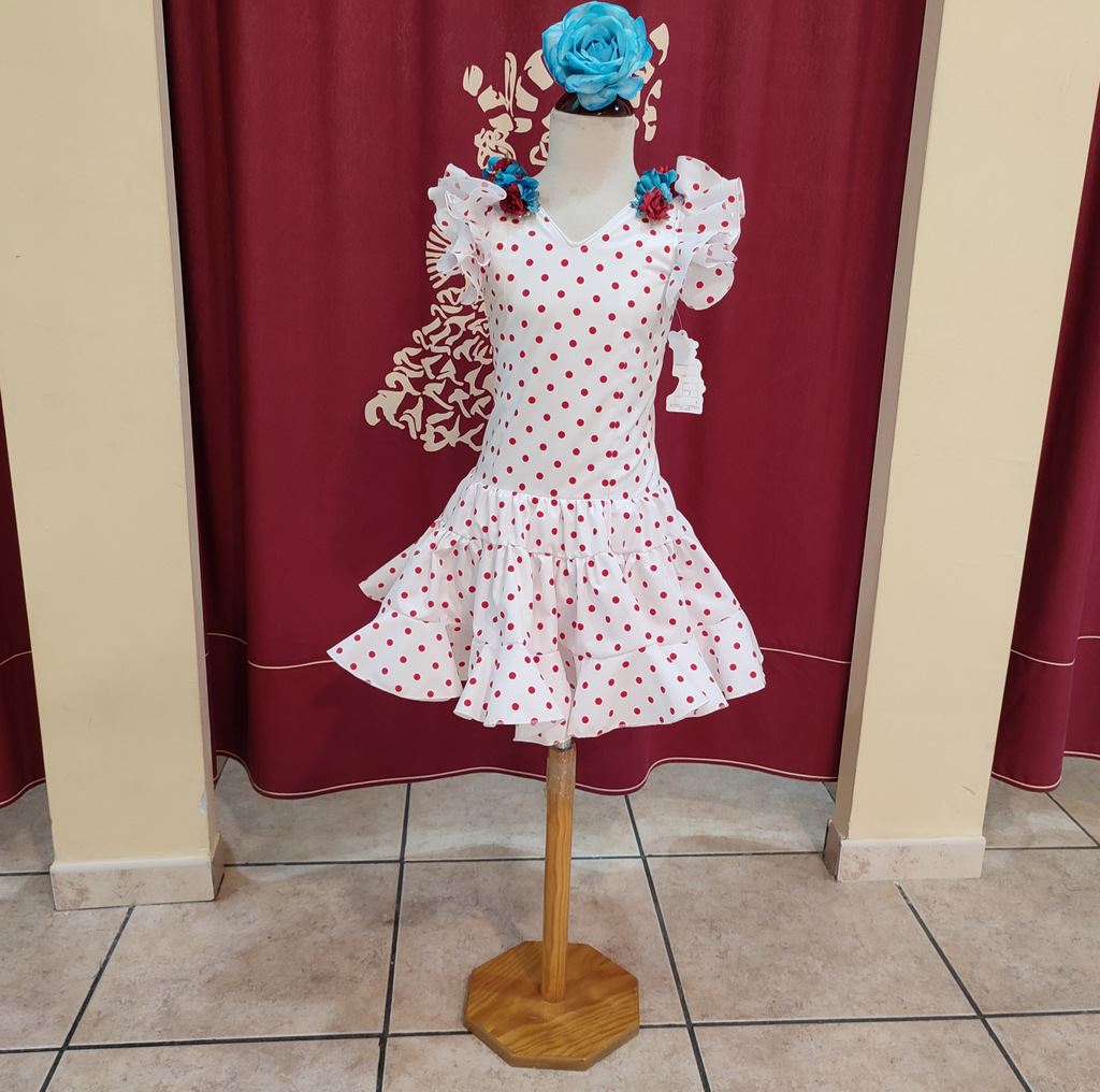 Vestido de Flamenca Corto para Niña. Modelo Pedroche Canastero Blanco Lunar Rojo. PEDROCHE GITANA Y FLAMENCO. Vestido de Flamenca Corto para Niña. Modelo Pedroche Canastero Blanco Lunar Rojo. PEDROCHE GITANA Y FLAMENCO.