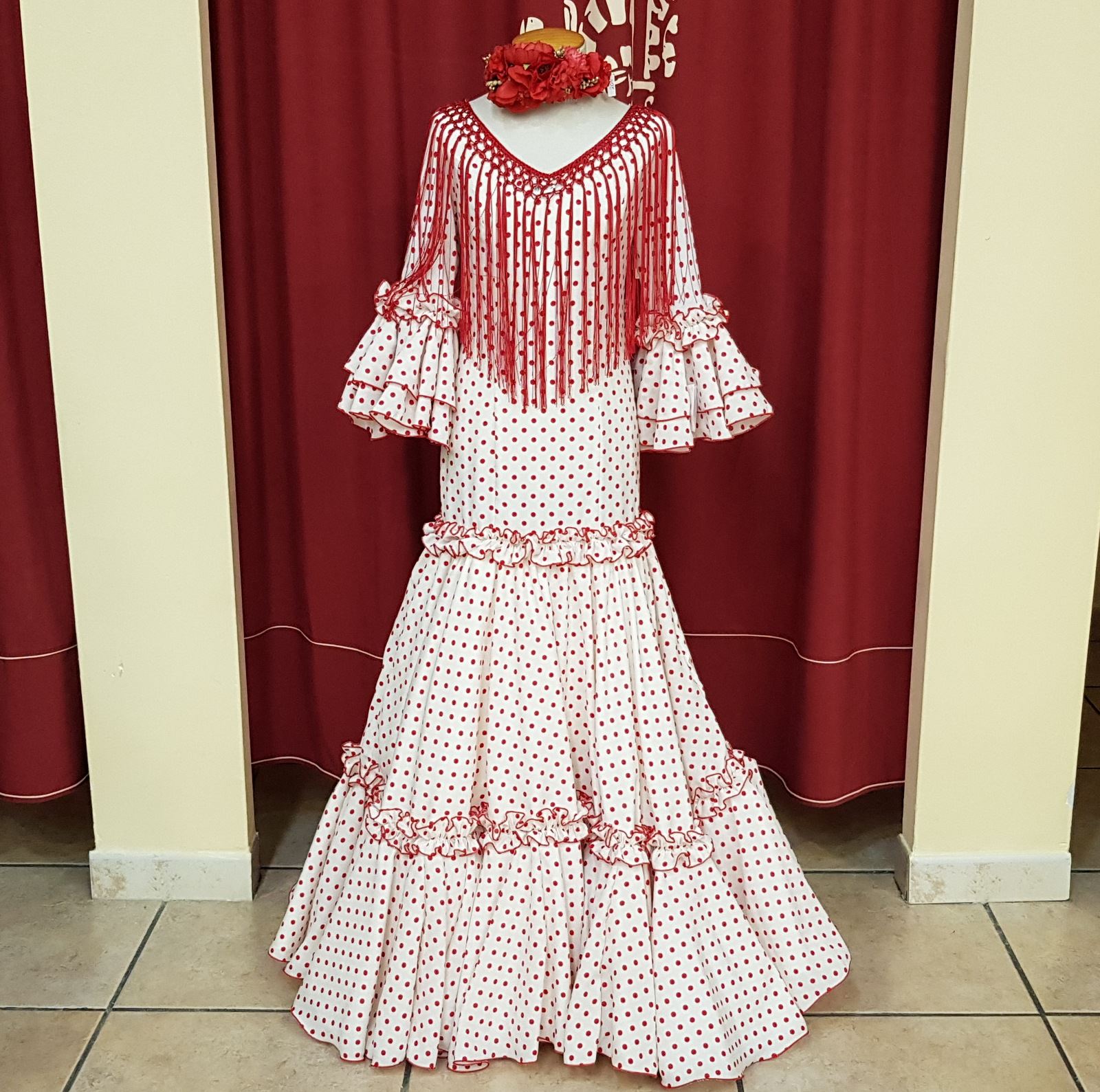 VESTIDO FLAMENCA NIÑA - Modelo Rosa Beige Lunar Blanco - PEDROCHE GITANA Y FLAMENCO VESTIDO FLAMENCA NIÑA - Modelo Rosa Beige Lunar Blanco - PEDROCHE GITANA Y FLAMENCO