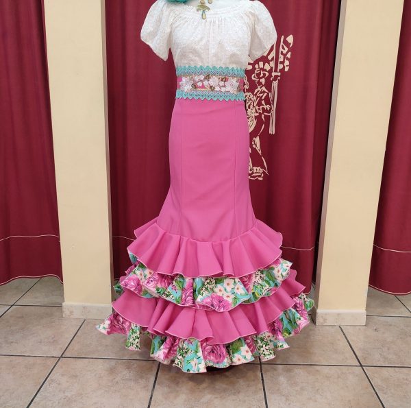 Falda Modelo MIS-3 VOLANTES Rosa Chicle-Estampado Aguamarina