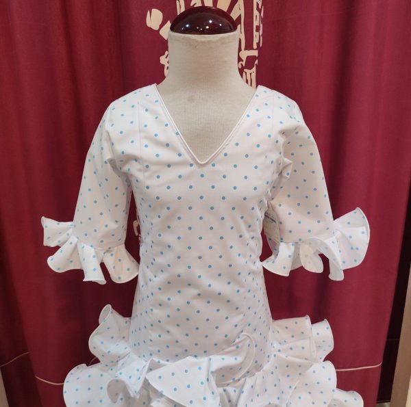 Vestido Flamenca Niña EMMA Blanco Lunar Celeste - Imagen 3