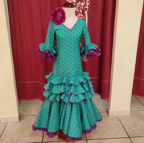 Vestido Flamenca Niña NACAR Verde Lunar Buganvilla - Imagen 3