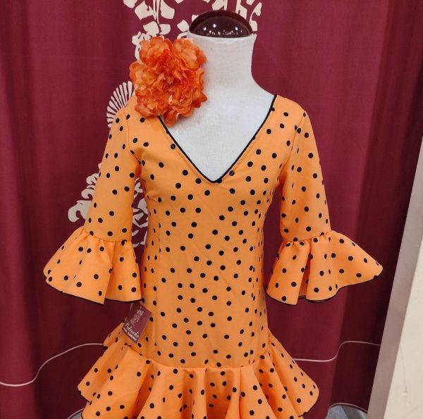 Vestido Flamenca Niña CRISTINA Mandarina Lunar Negro - Imagen 4
