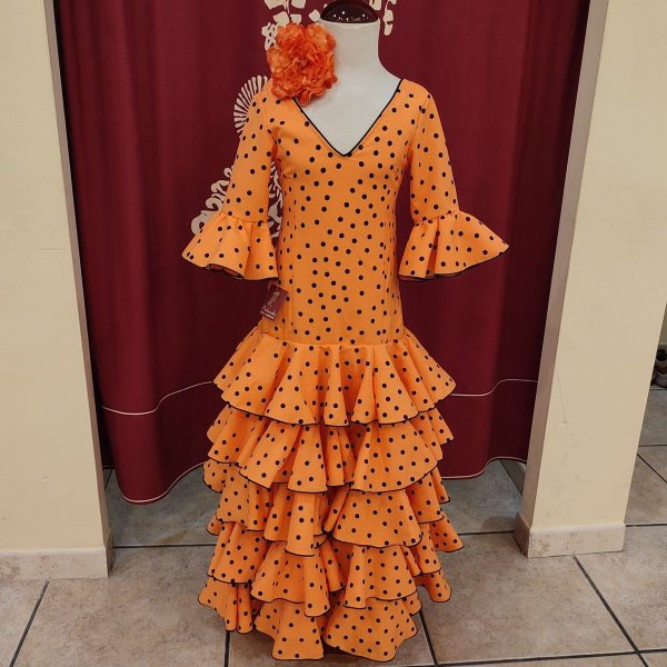 Vestido Flamenca Niña CRISTINA Mandarina Lunar Negro - Imagen 3