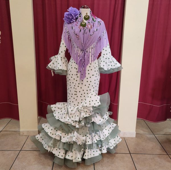 Vestido Flamenca PEDROCHE Blanco Lunar Verde Palido