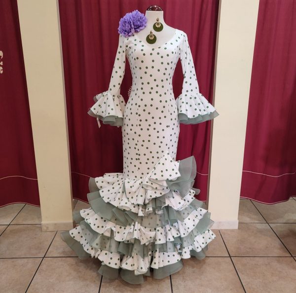 Vestido Flamenca PEDROCHE Blanco Lunar Verde Palido - Imagen 3