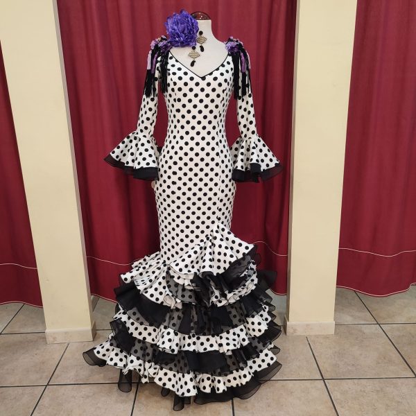 Vestido Flamenca PEDROCHE Blanco Lunar Medio Negro