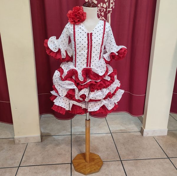 Modelo EMMA PLISADO (Talla 10) Blanco Lunar Negro-Rojo