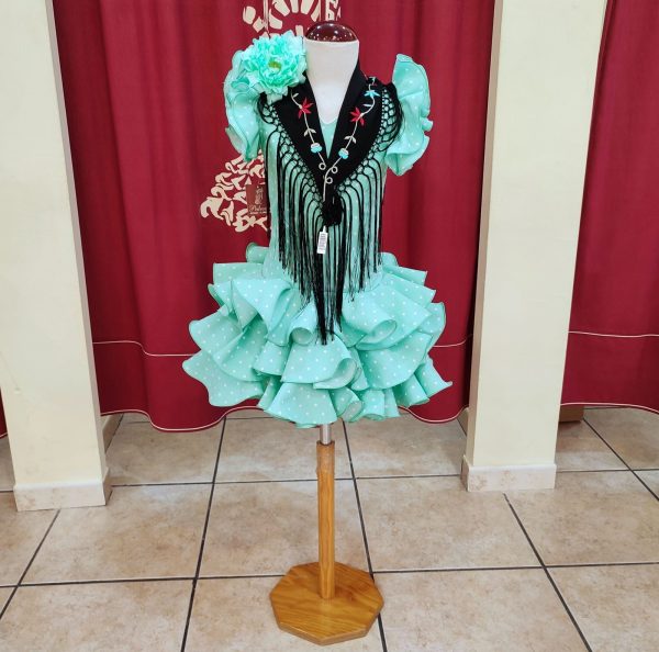 Vestido Flamenca Nina EMMA RECTO Verde Agua Lunar Blanco - Imagen 3