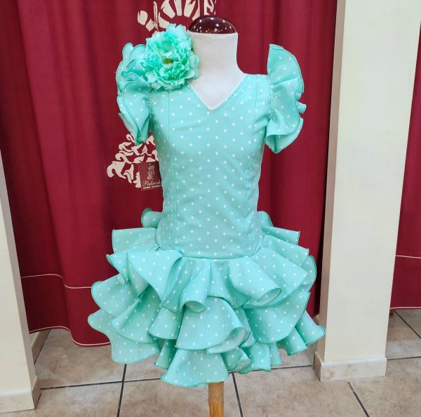 Vestido Flamenca Nina EMMA RECTO Verde Agua Lunar Blanco - Imagen 4