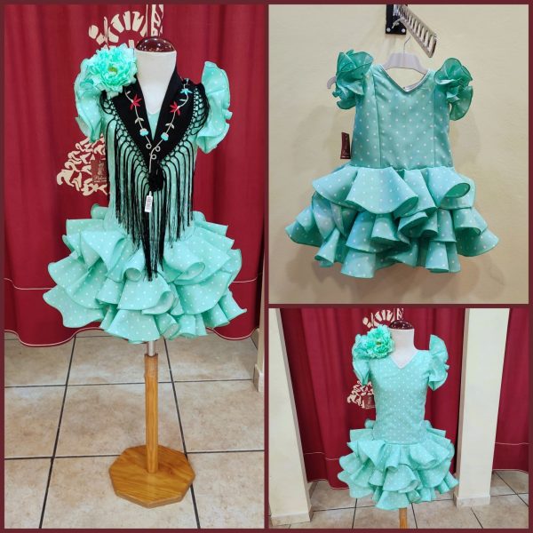 Vestido Flamenca Nina EMMA RECTO Verde Agua Lunar Blanco