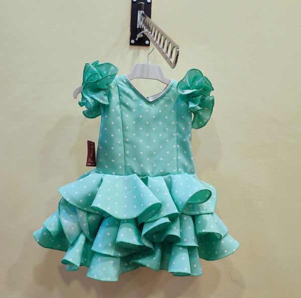 Vestido Flamenca Nina EMMA RECTO Verde Agua Lunar Blanco - Imagen 2
