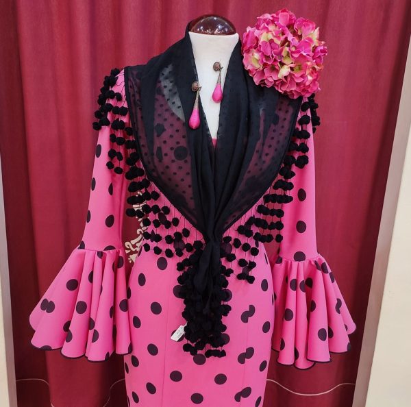 Vestido Flamenca TERESA Fucsia Lunar Negro - Imagen 2