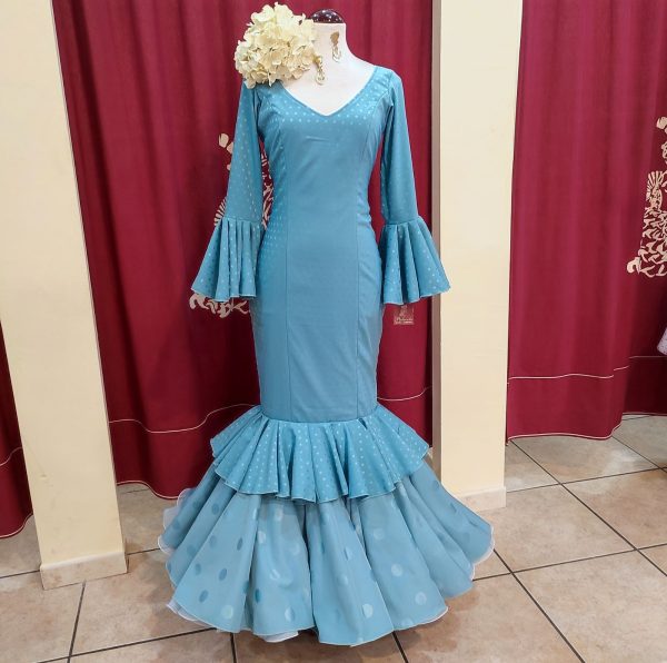 Vestido ROSALEDA BRILLO Combinado Celeste Palido - Imagen 3