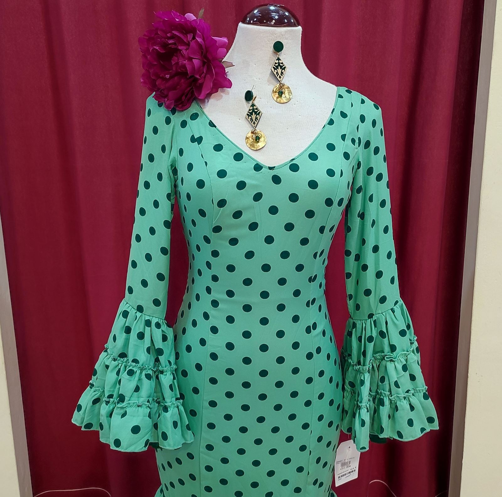 Vestido Flamenca ALBAHACA Verde Palido Lunares - Imagen 4