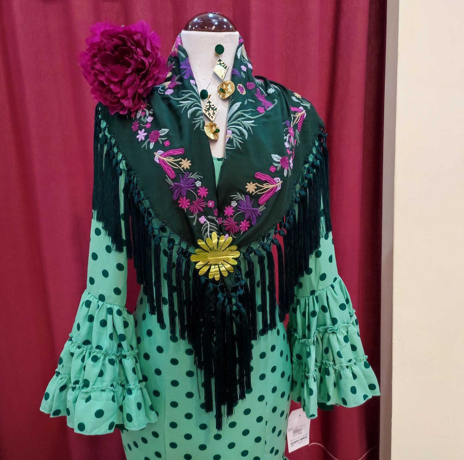 Vestido Flamenca ALBAHACA Verde Palido Lunares - Imagen 2