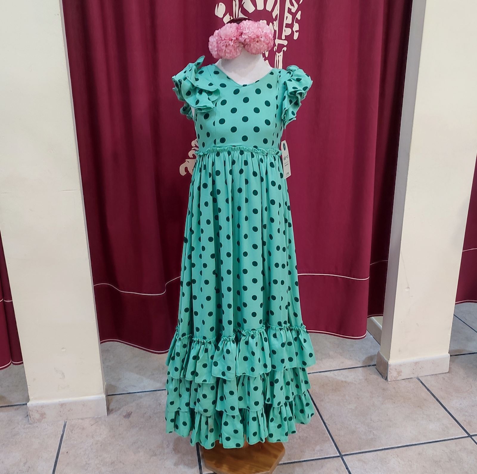 Vestido Flamenca Niña VOLANDERA MEDIANA Verde Palido Lunares - Imagen 3