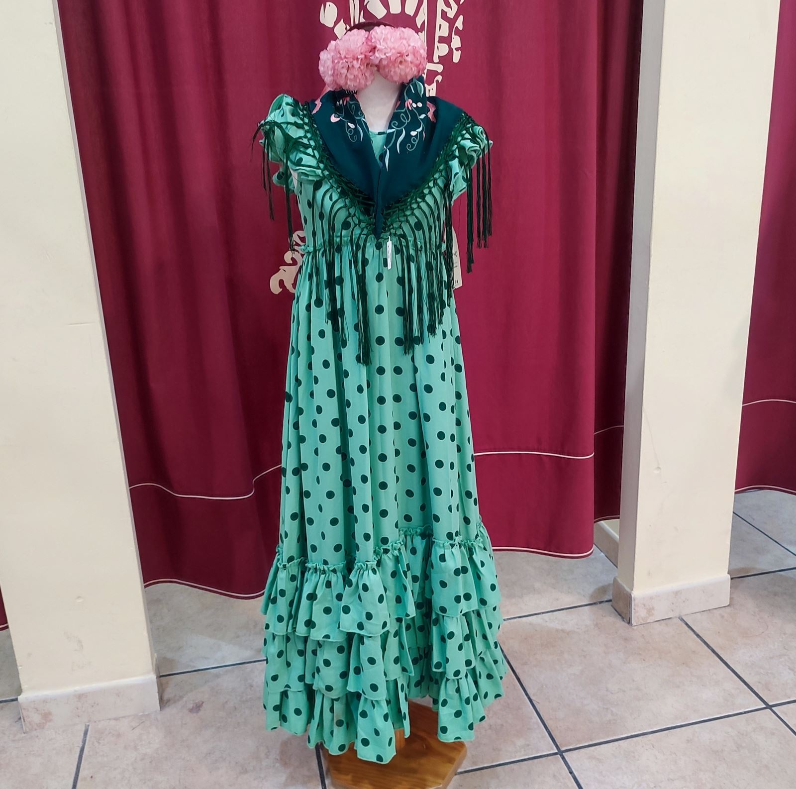 Vestido Flamenca Niña VOLANDERA MEDIANA Verde Palido Lunares