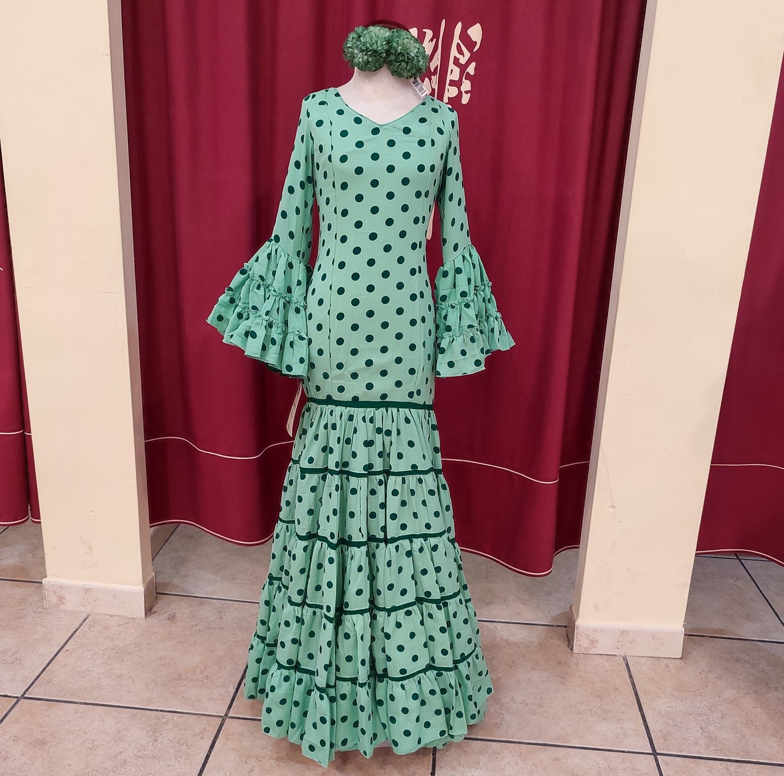 Vestido Flamenca Niña AMAPOLA Verde Palido Lunares - Imagen 3