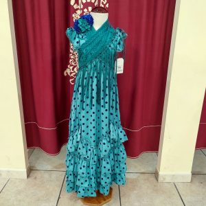Vestido Flamenca Niña CAMINO PEQUEÑA Aguamarina Lunares