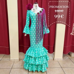 Vestido Flamenca MONTILLA Verde Agua Lunar Blanco