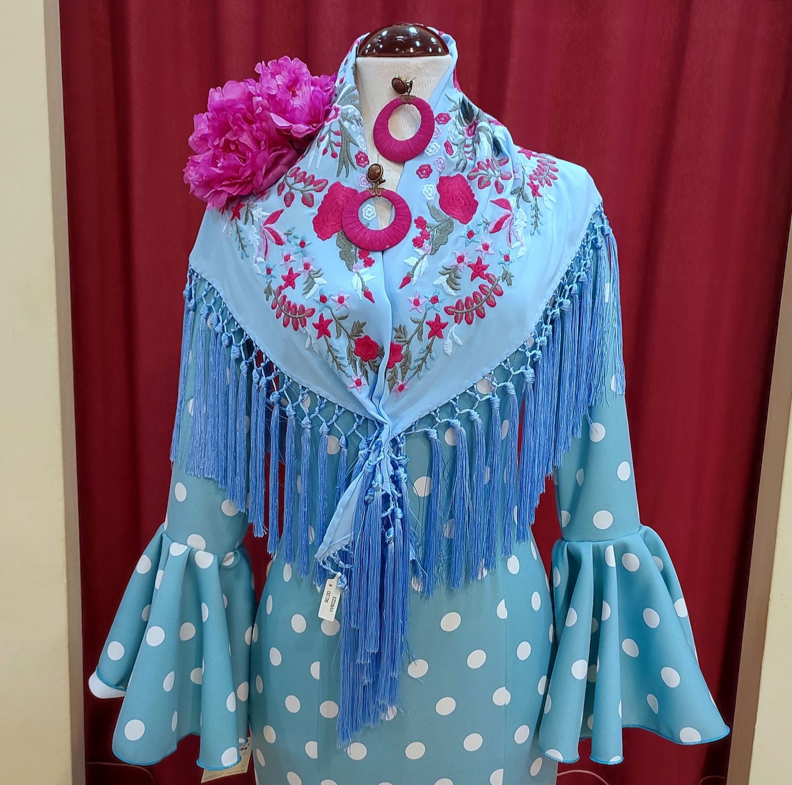 Vestido Flamenca MONTILLA Turquesa Lunar Blanco - Imagen 2