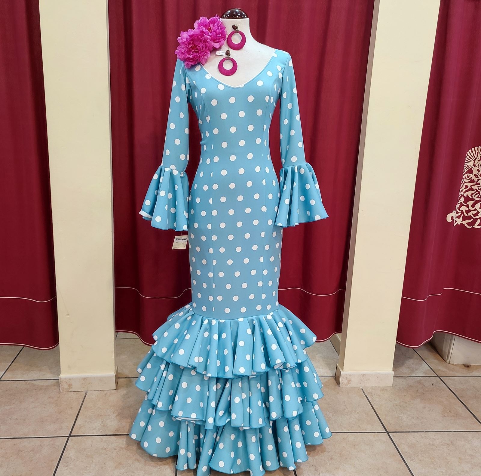 Vestido Flamenca MONTILLA Turquesa Lunar Blanco - Imagen 3