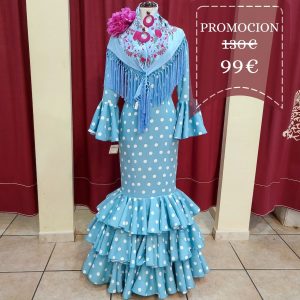 Vestido Flamenca MONTILLA Turquesa Lunar Blanco