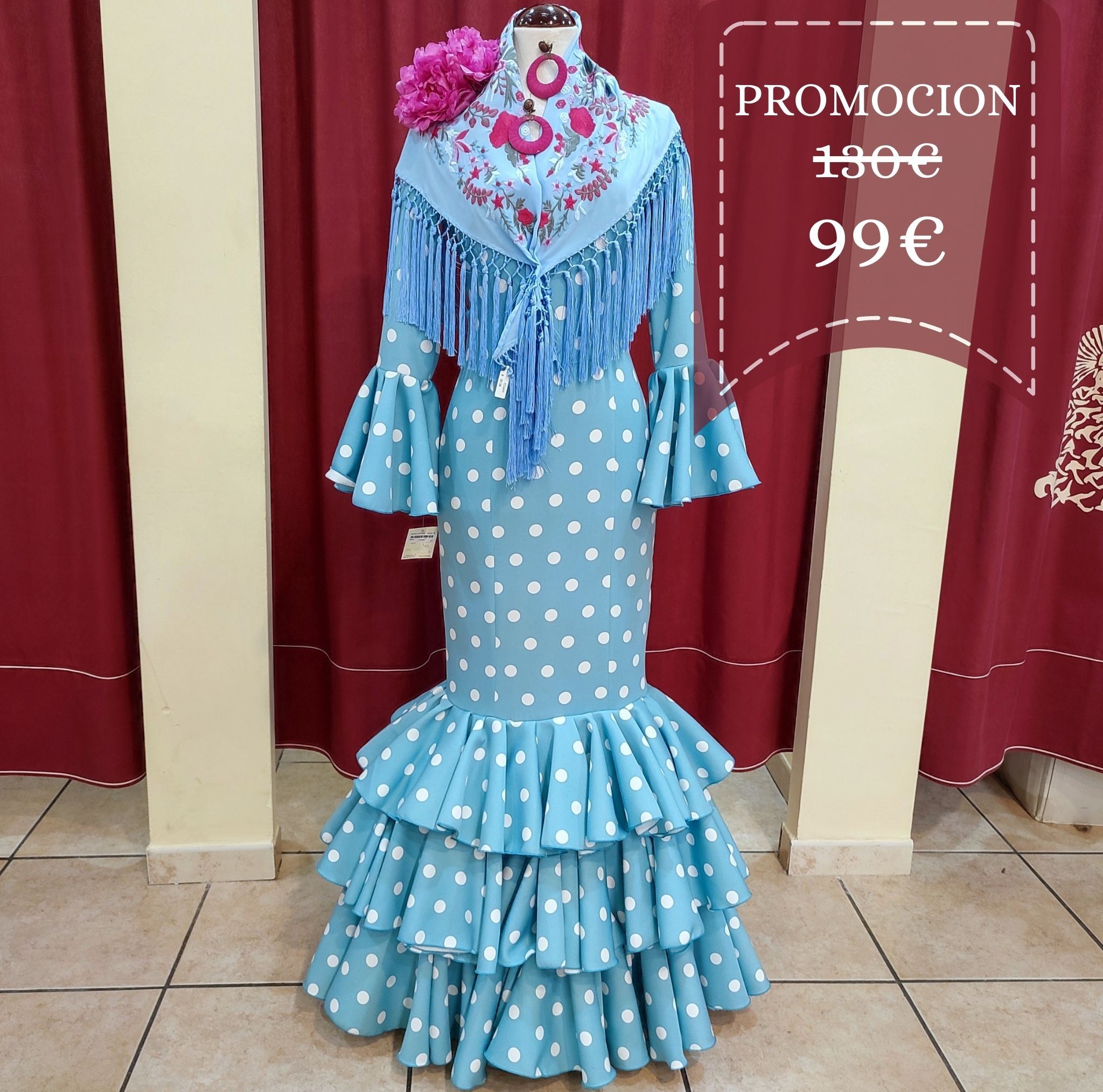 Vestido Flamenca MONTILLA Turquesa Lunar Blanco