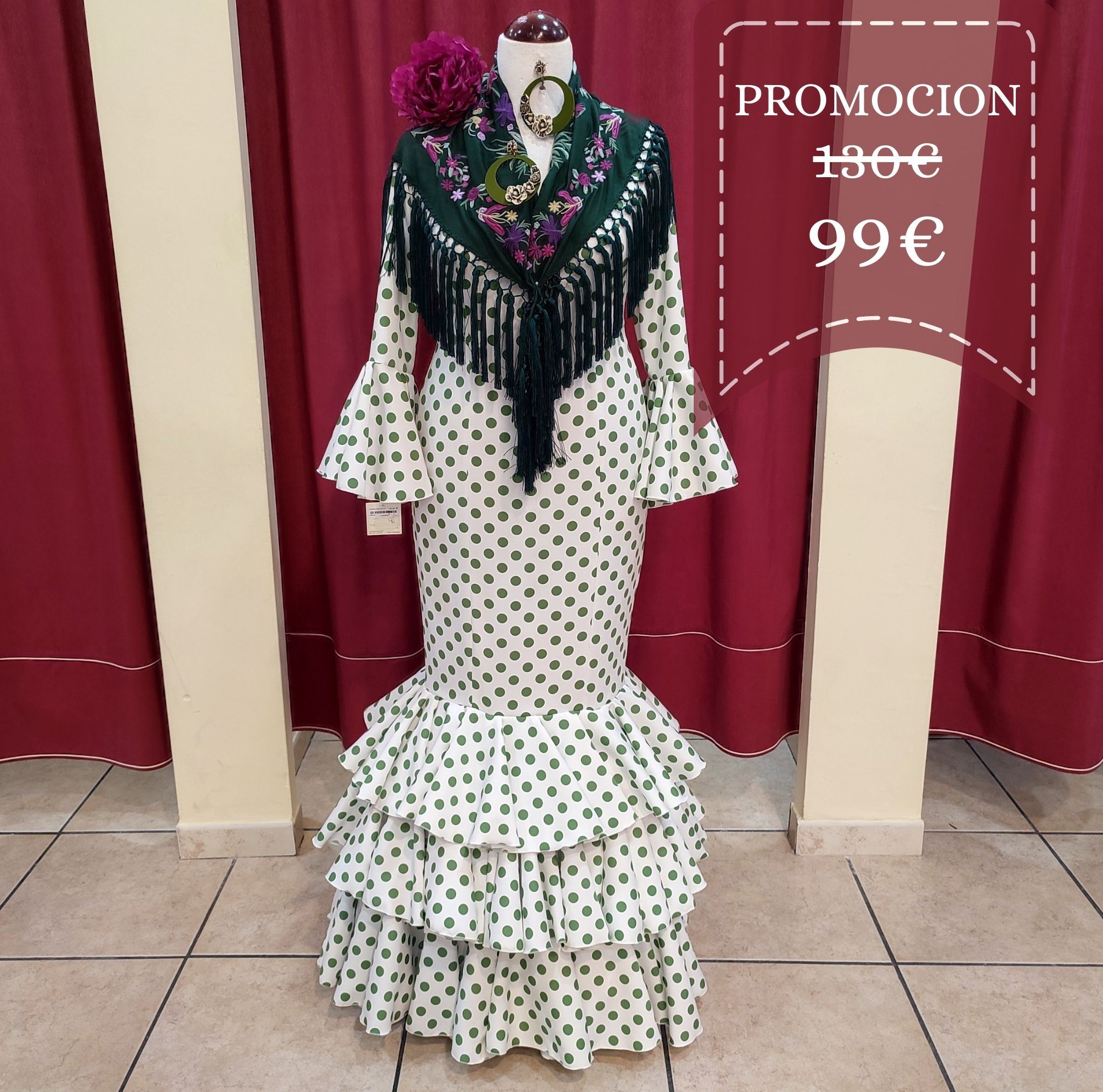 Vestido Flamenca MONTILLA Blanco Lunar Oliva