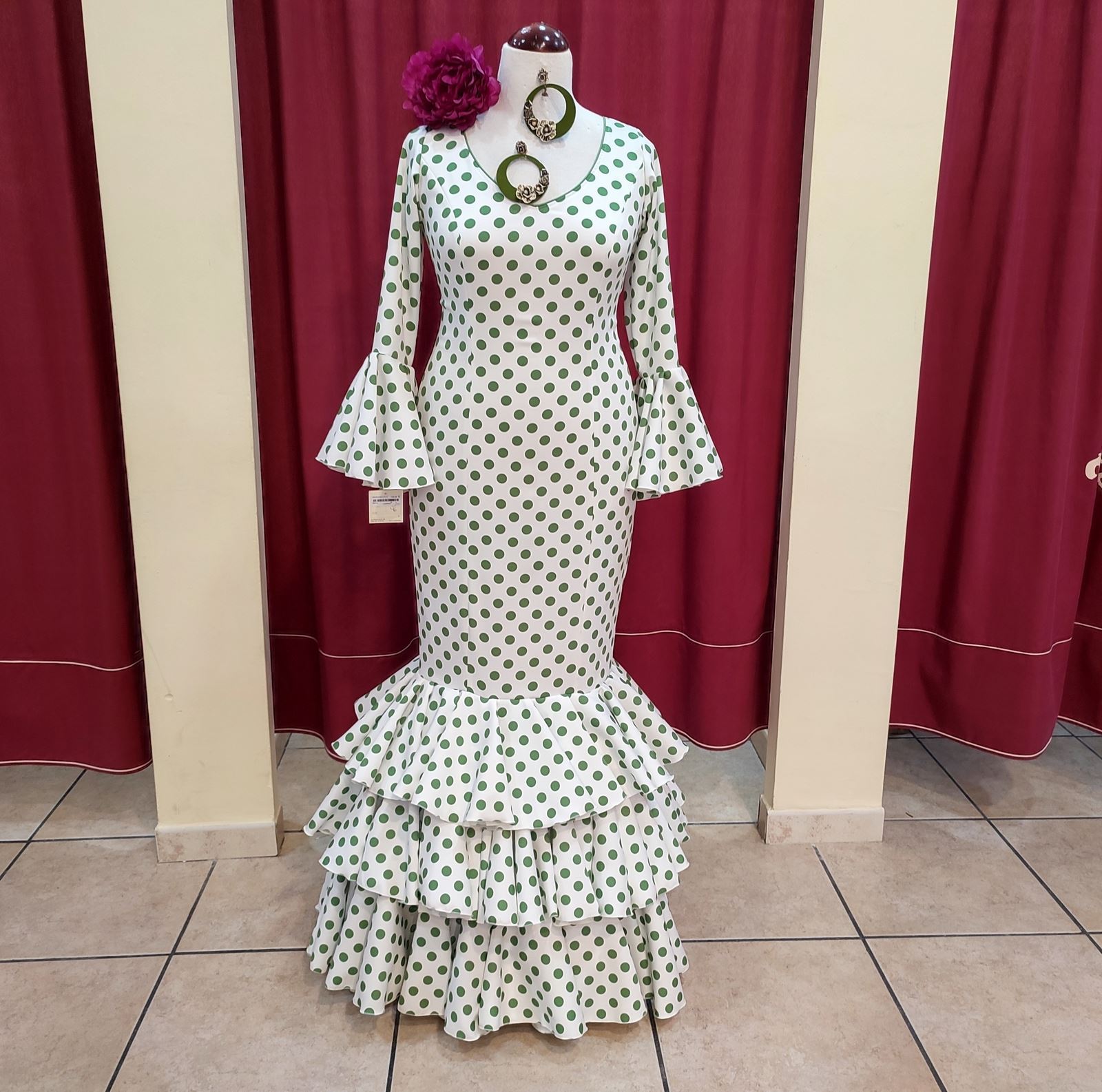 Vestido Flamenca MONTILLA Blanco Lunar Oliva - Imagen 3