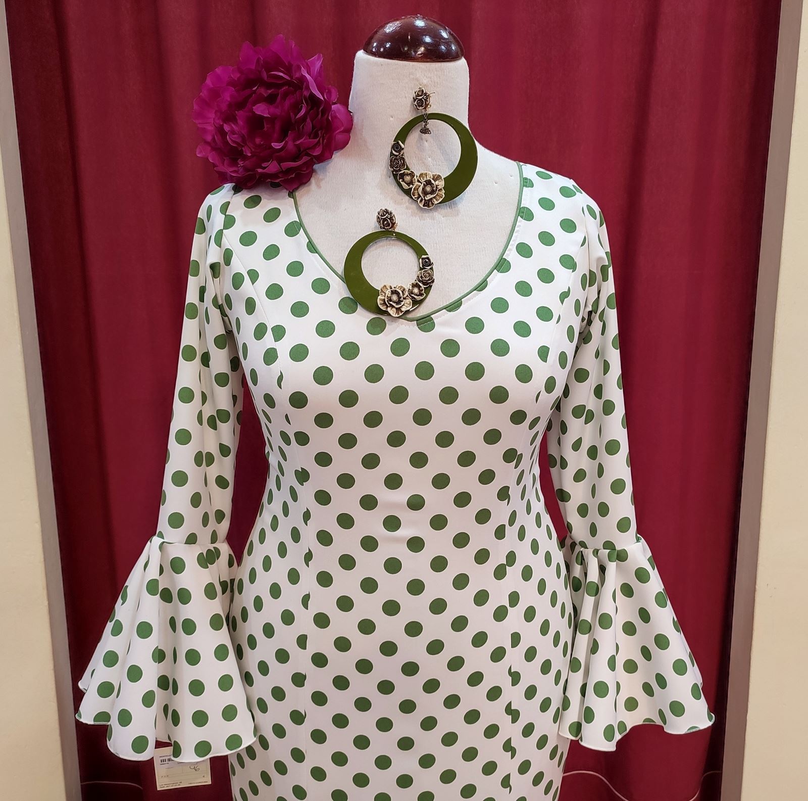 Vestido Flamenca MONTILLA Blanco Lunar Oliva - Imagen 4