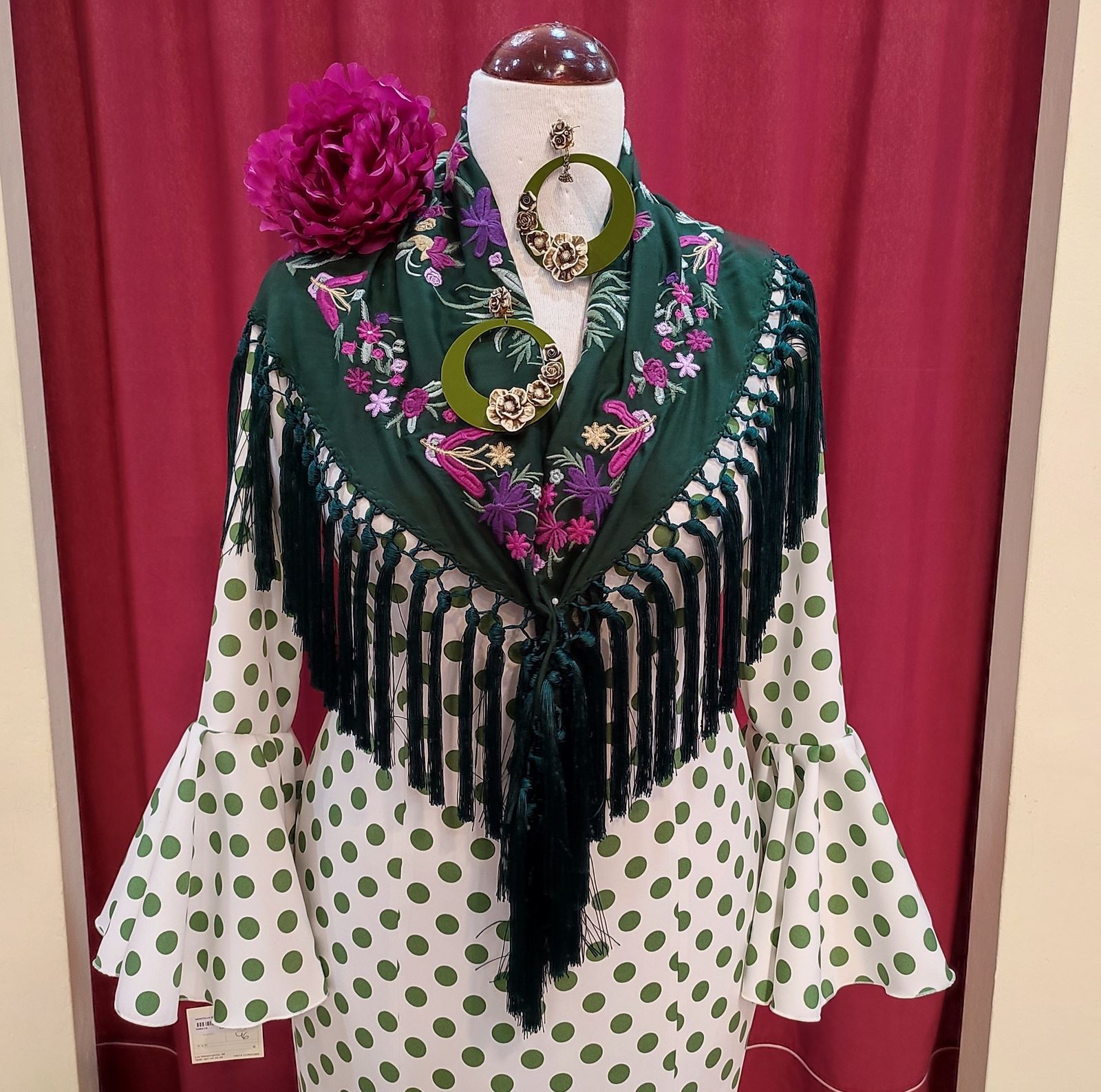 Vestido Flamenca MONTILLA Blanco Lunar Oliva - Imagen 2