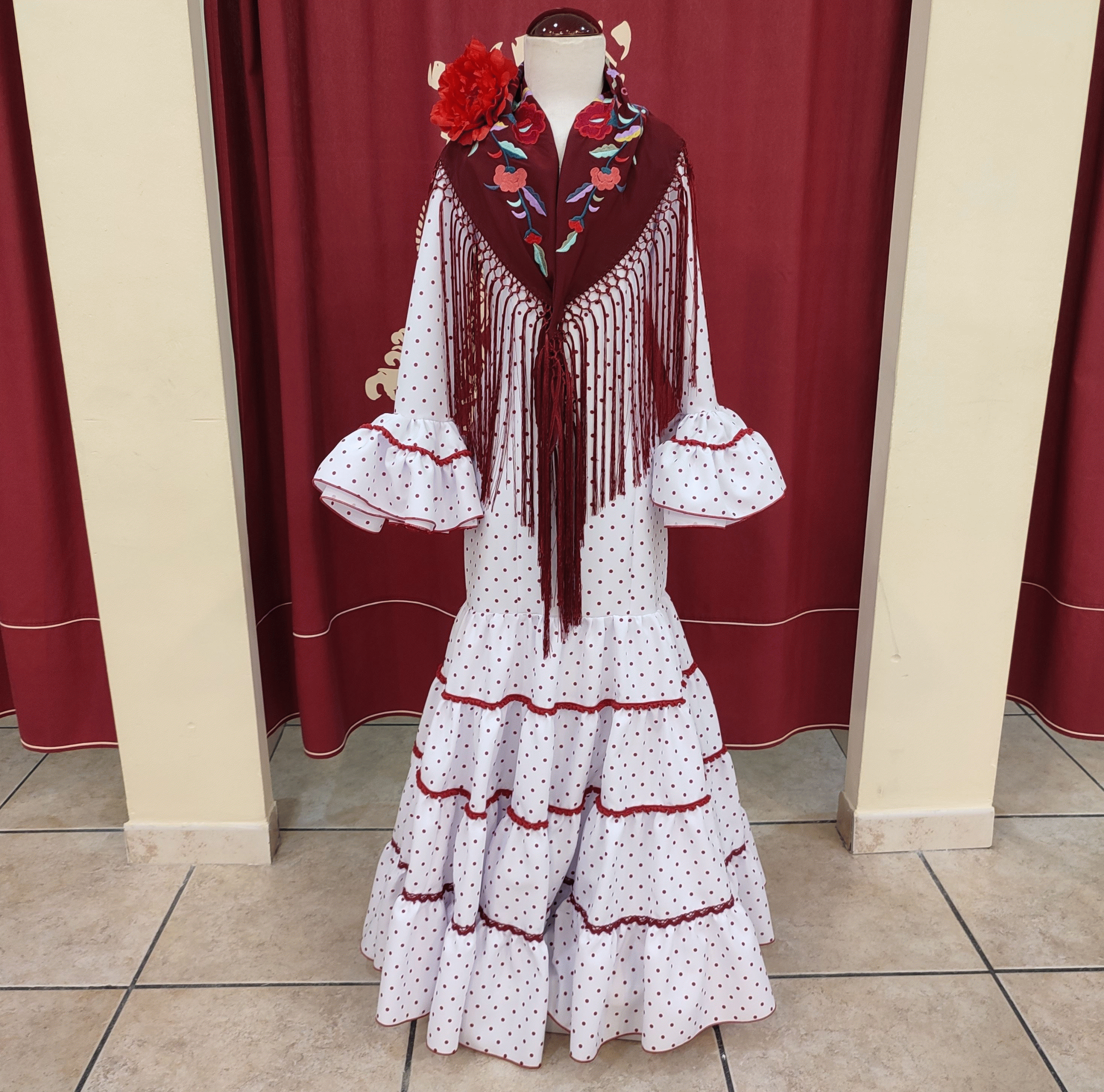 Vestido Flamenca Niña DELICIA Blanco Lunar Granate - Imagen 5