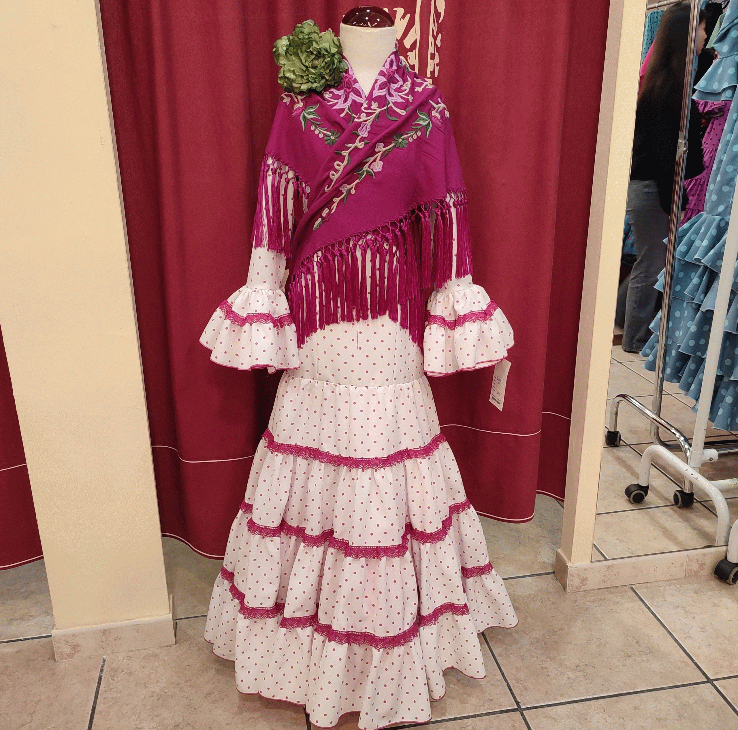 Vestido Flamenca Niña DELICIA Blanco Lunar Buganvilla - Imagen 6