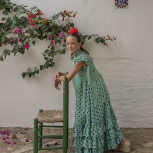 Vestido Flamenca Niña VOLANDERA MEDIANA Verde Palido Lunares