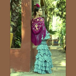Vestido Flamenca LLANTO DEL ROMERO Aguamarina Lunar Marino