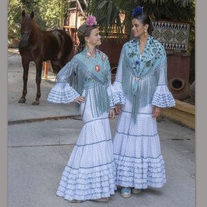 Vestido Flamenca ROSAL Blanco Lunar Turquesa