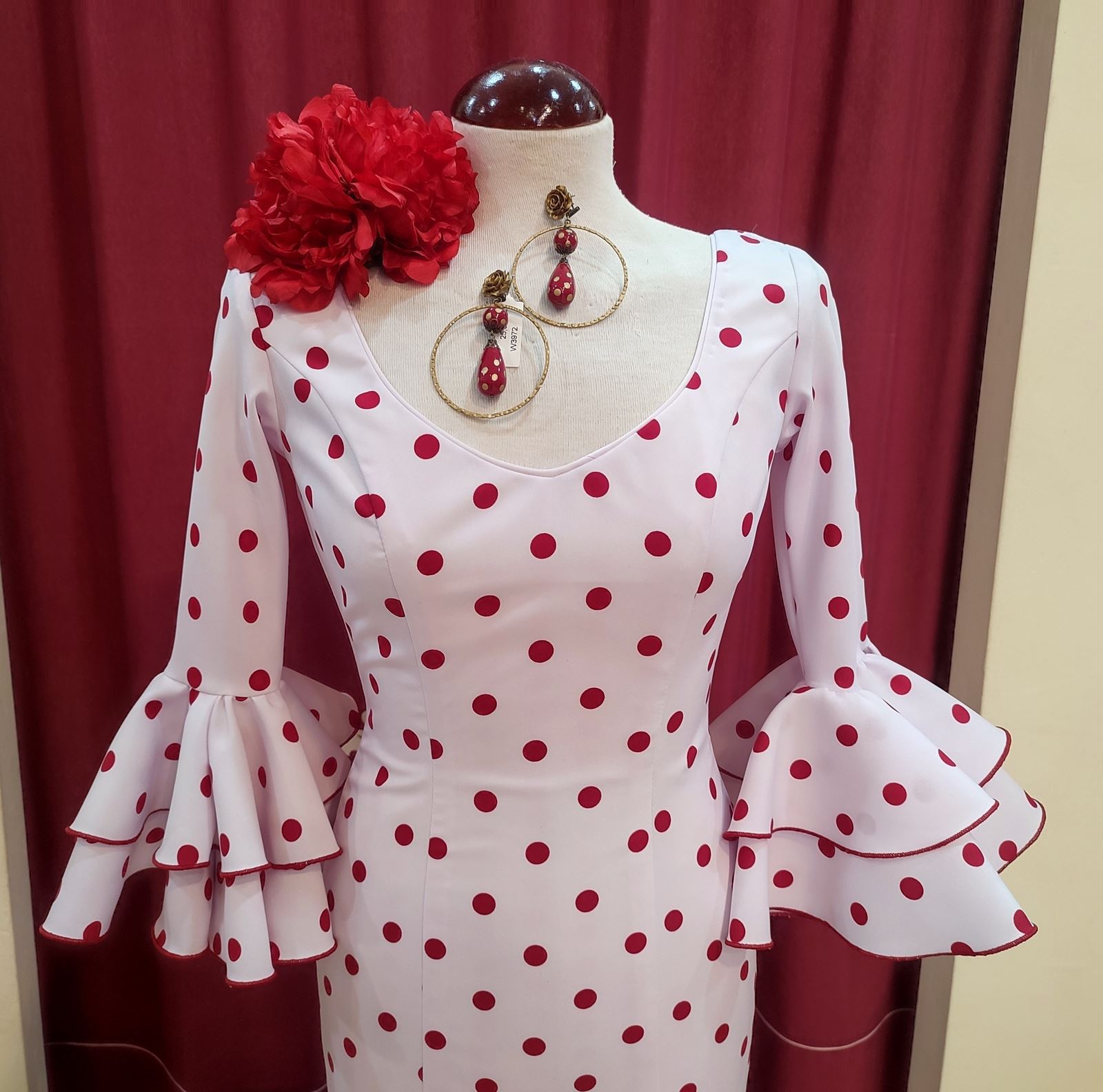 Vestido Flamenca CARMELA Blanco Lunar Rojo - Imagen 4
