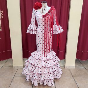 Vestido Flamenca CARMELA Blanco Lunar Rojo