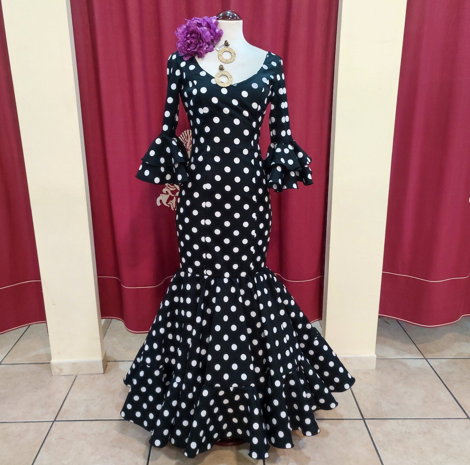 Vestido Flamenca ANGELA Negro Lunar Blanco - Imagen 3