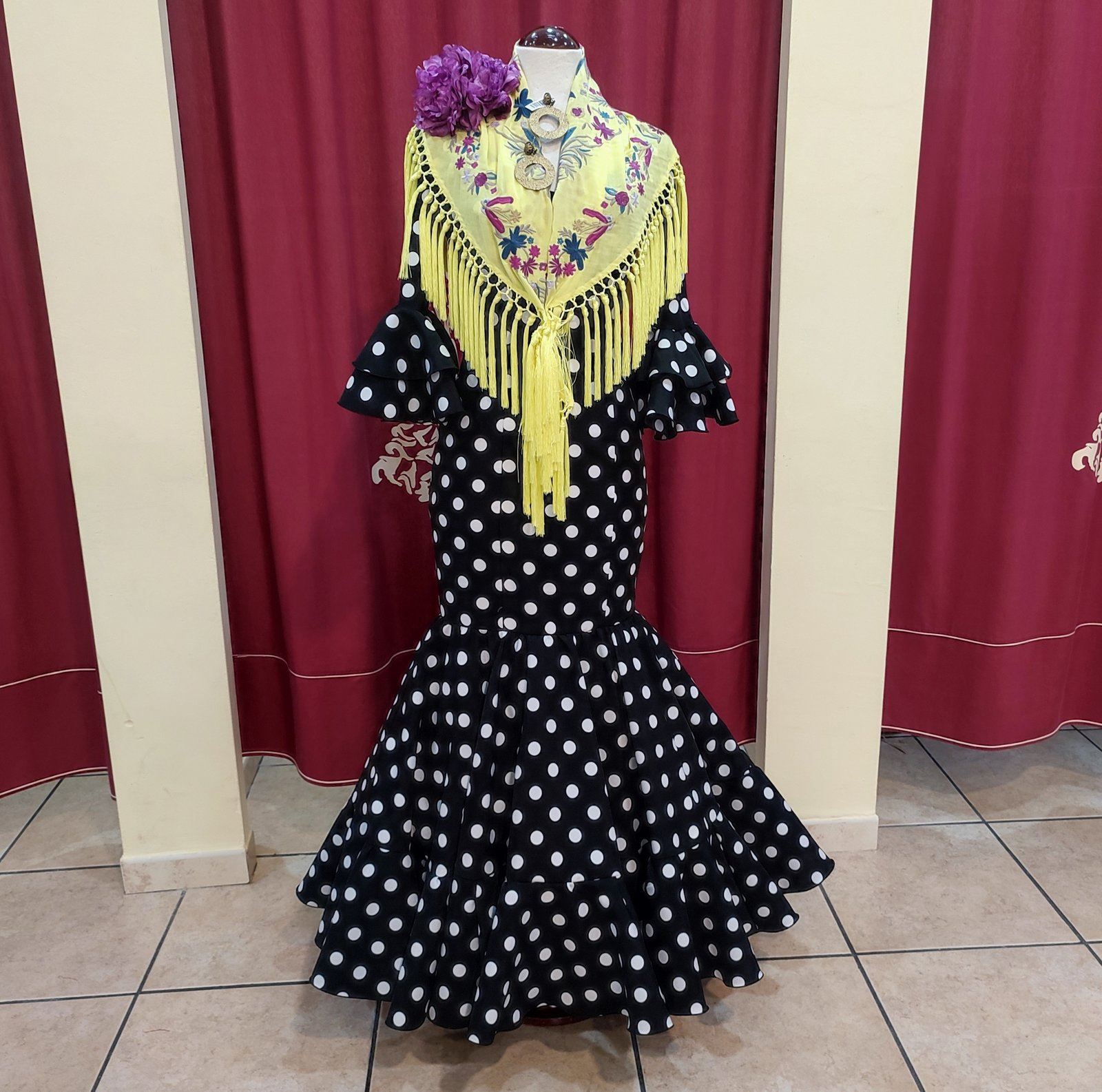 Vestido Flamenca ANGELA Negro Lunar Blanco