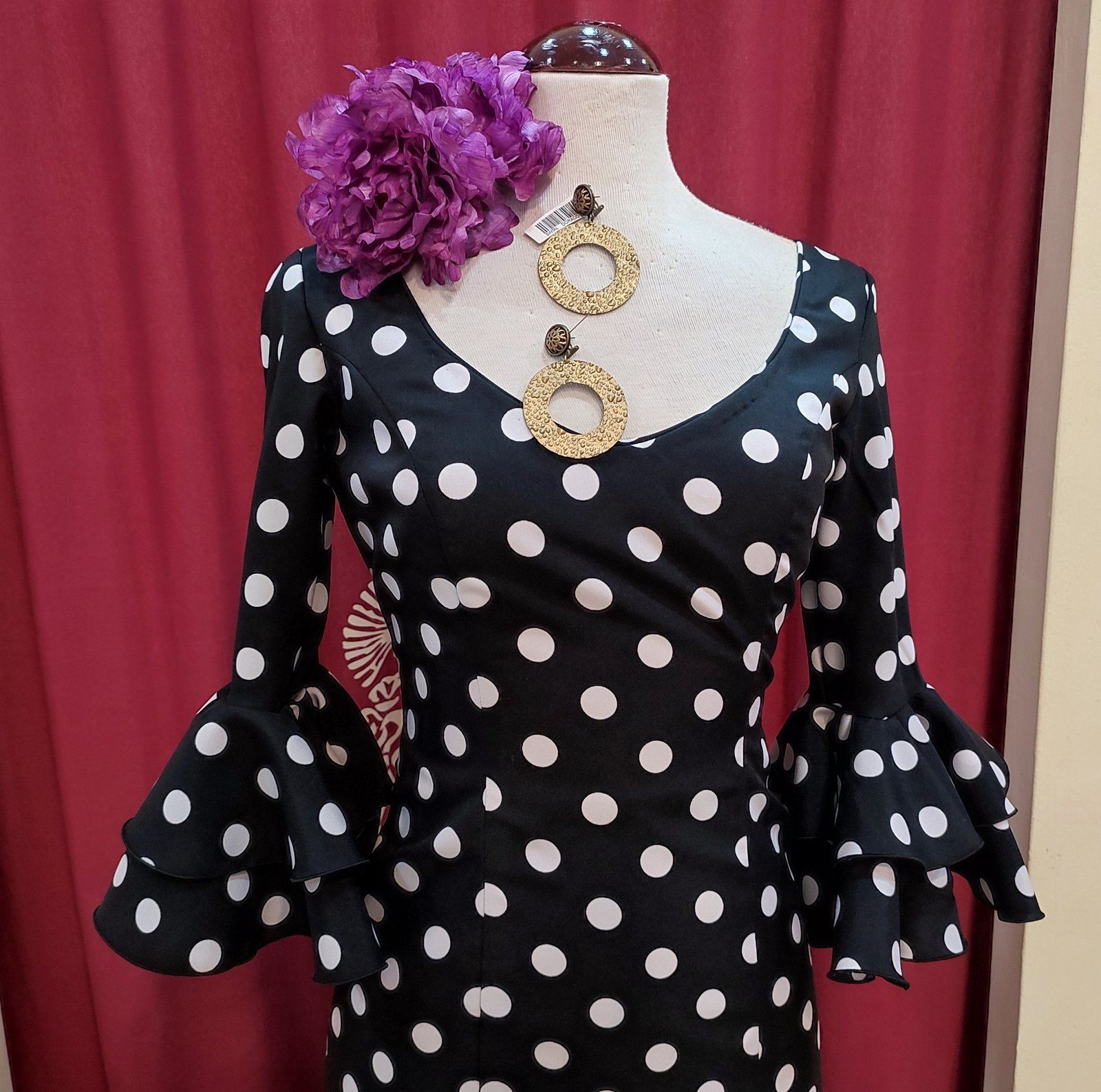 Vestido Flamenca ANGELA Negro Lunar Blanco - Imagen 4