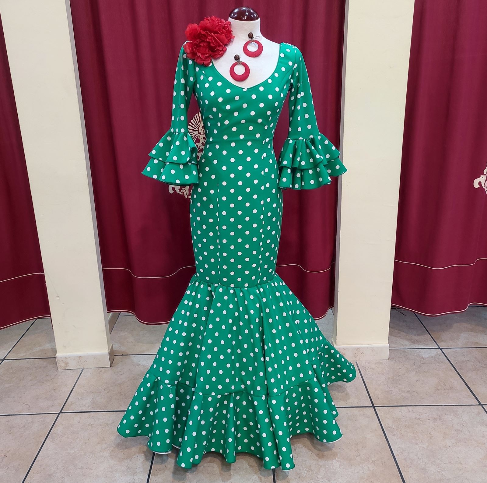 Vestido Flamenca ANGELA Verde Andalucia Lunar Blanco - Imagen 3