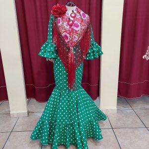 Vestido Flamenca ANGELA Verde Andalucia Lunar Blanco