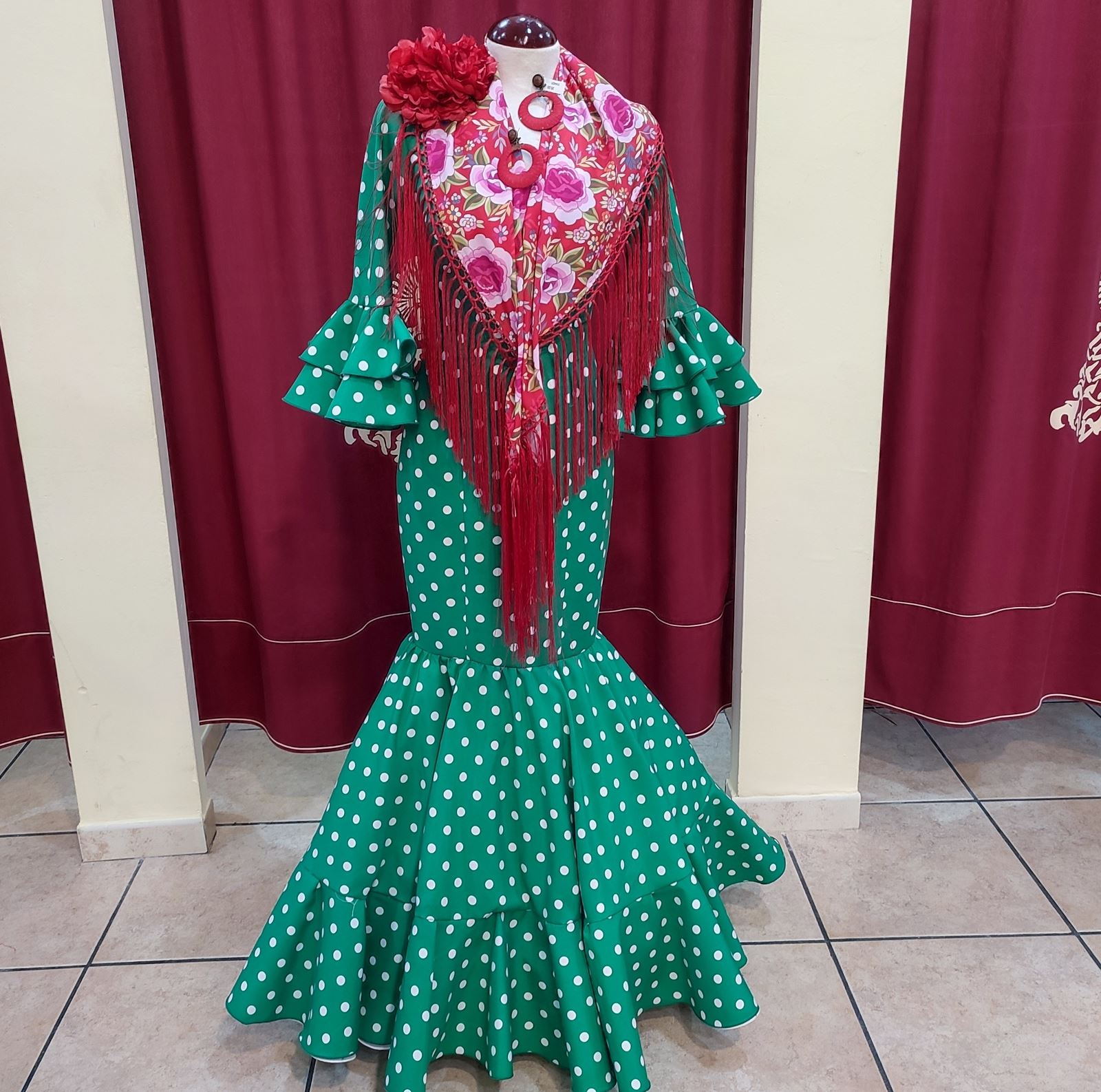 Vestido Flamenca ANGELA Verde Andalucia Lunar Blanco